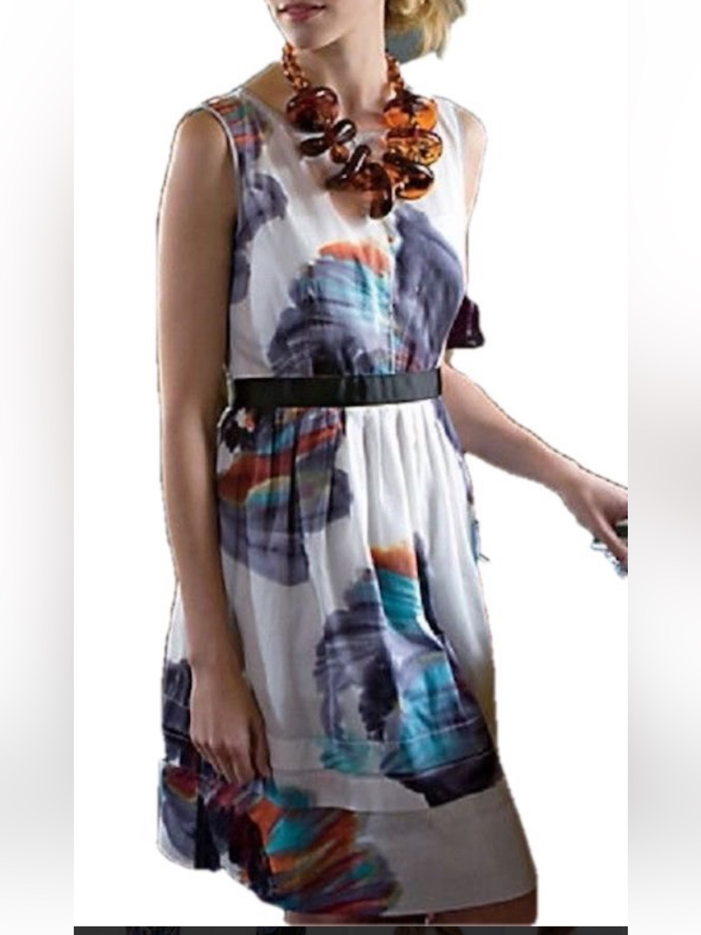 leifsdottir Cream Dress with Black Waist and Painterly Floral Accents
